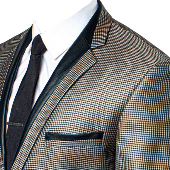 Puppytooth Elbow Patch Men's Classic Blazer Modern Fit, Tan - Picture 2 of 5